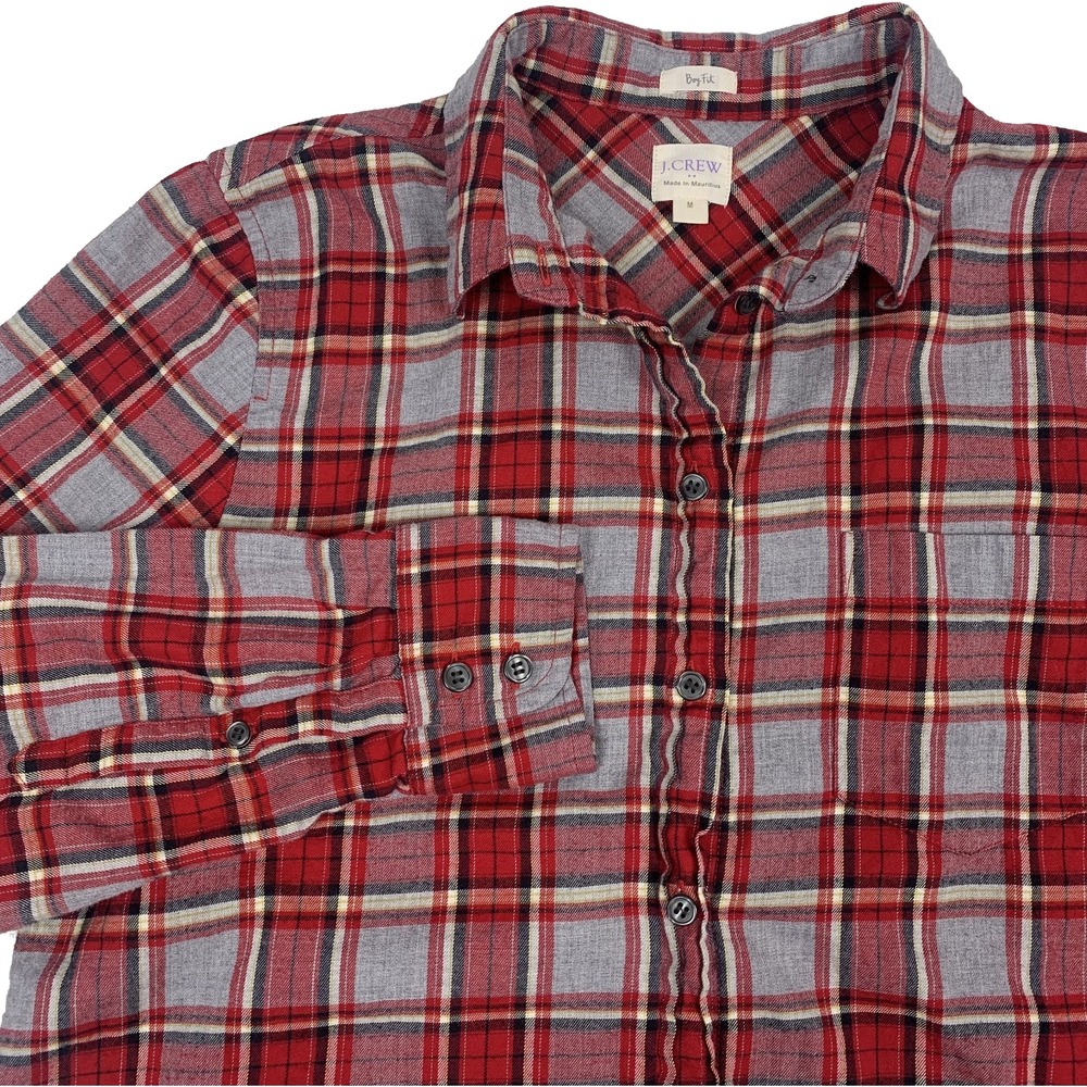 J.Crew Boy Fit Flannel Shirt Womens M Red Black Tartan Plaid Button Up F7289